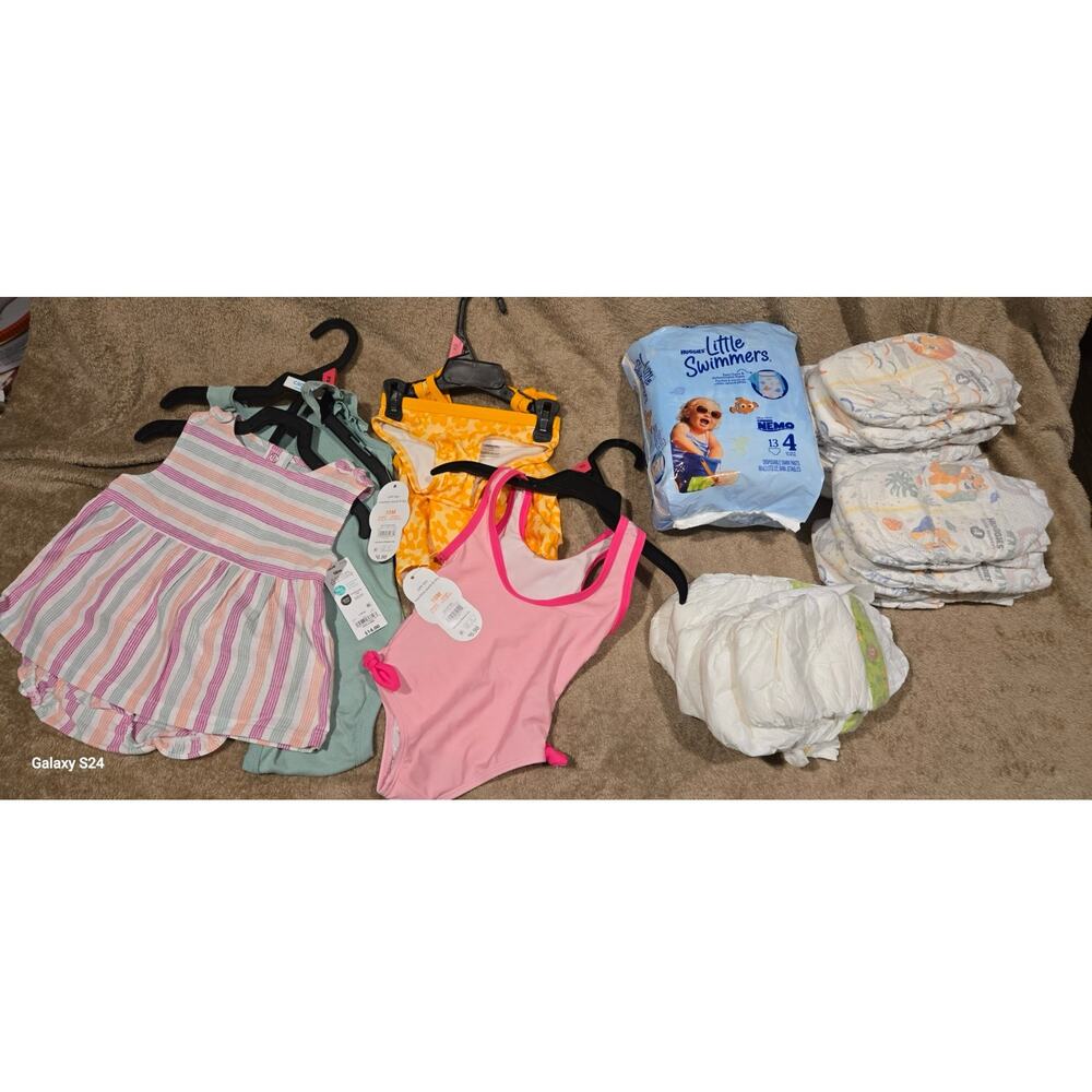 Lot of size 18 Month Summer Wear, Size 4 Swimmers and 16 bulk Diapers, NWT